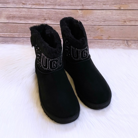 UGG Women’s Classic UGG Gem Mini Black Suede Boots - Picture 5 of 10